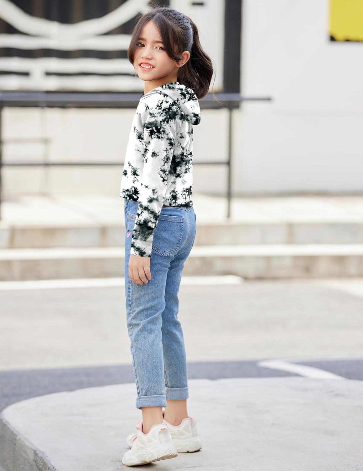 image:imageArshiner Girls Cropped Hoodie Kids Long Sleeve Crop Tops Tiedye Hoodies Hooded Pullover SweatshirtsTiedye Black