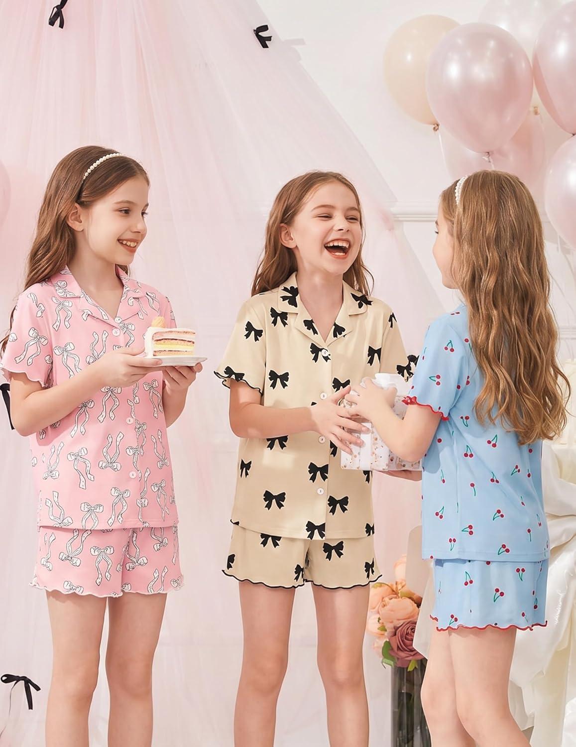 image:imageArshiner Girls Pajamas Button Down Short Set Cute Pjs Soft Sleepwear LoungewearBlack Bow
