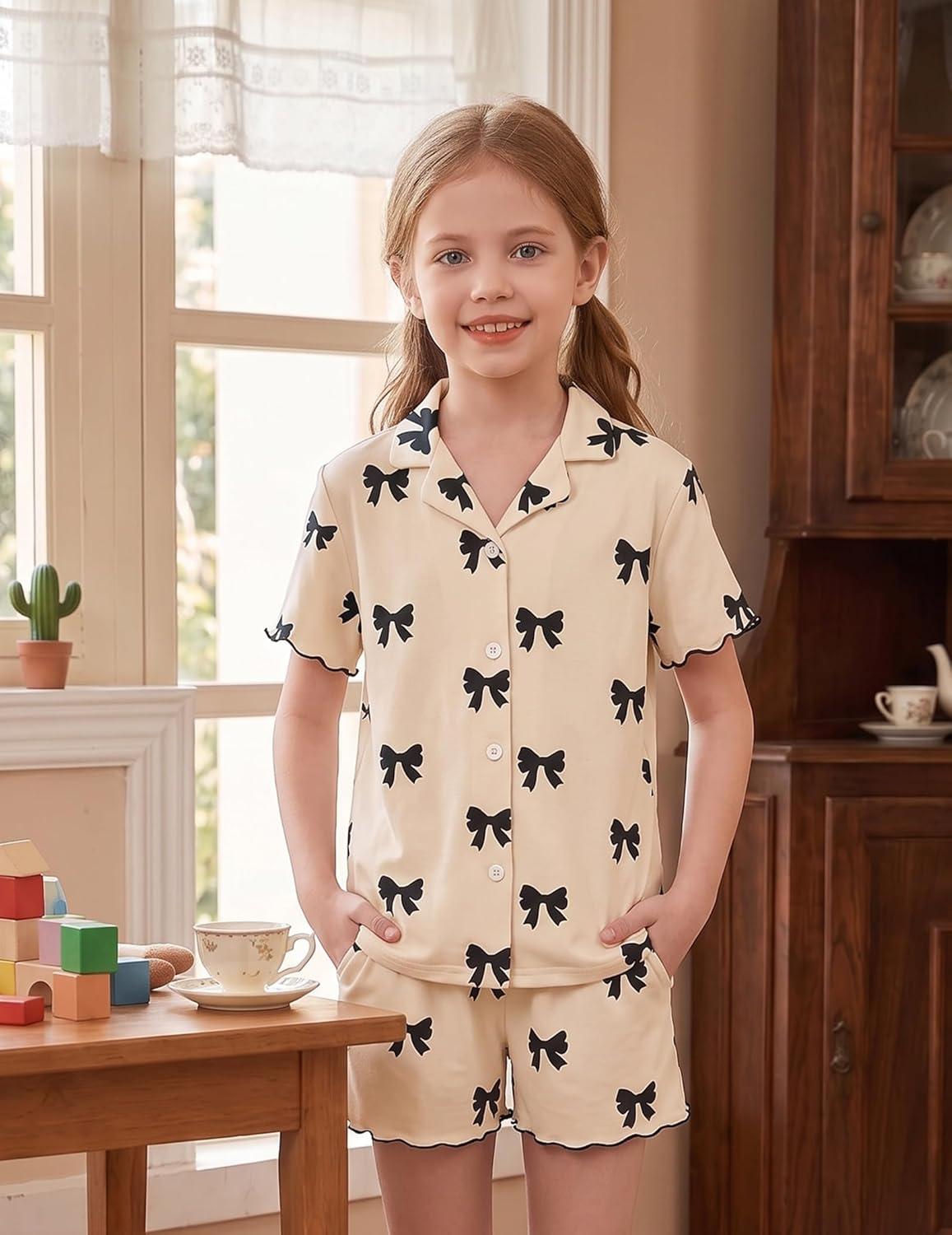 image:imageArshiner Girls Pajamas Button Down Short Set Cute Pjs Soft Sleepwear LoungewearBlack Bow
