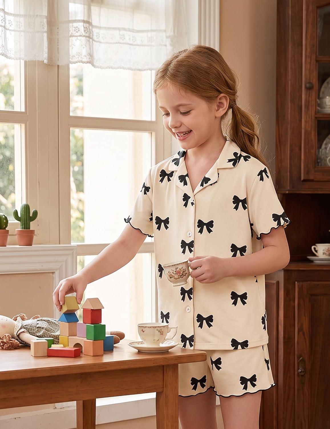 image:imageArshiner Girls Pajamas Button Down Short Set Cute Pjs Soft Sleepwear LoungewearBlack Bow
