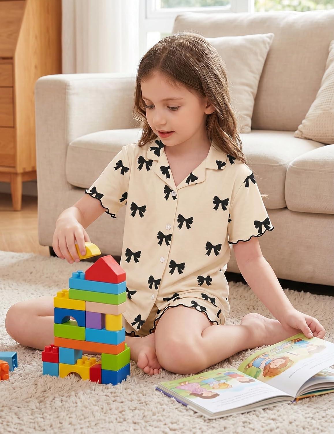image:imageArshiner Girls Pajamas Button Down Short Set Cute Pjs Soft Sleepwear LoungewearBlack Bow