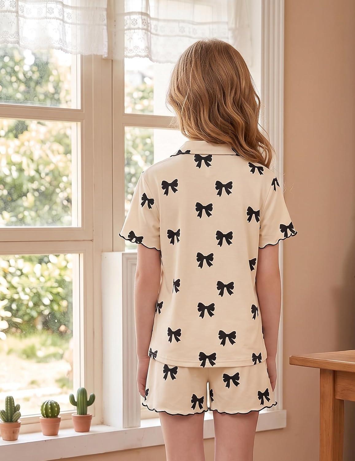 image:imageArshiner Girls Pajamas Button Down Short Set Cute Pjs Soft Sleepwear LoungewearBlack Bow