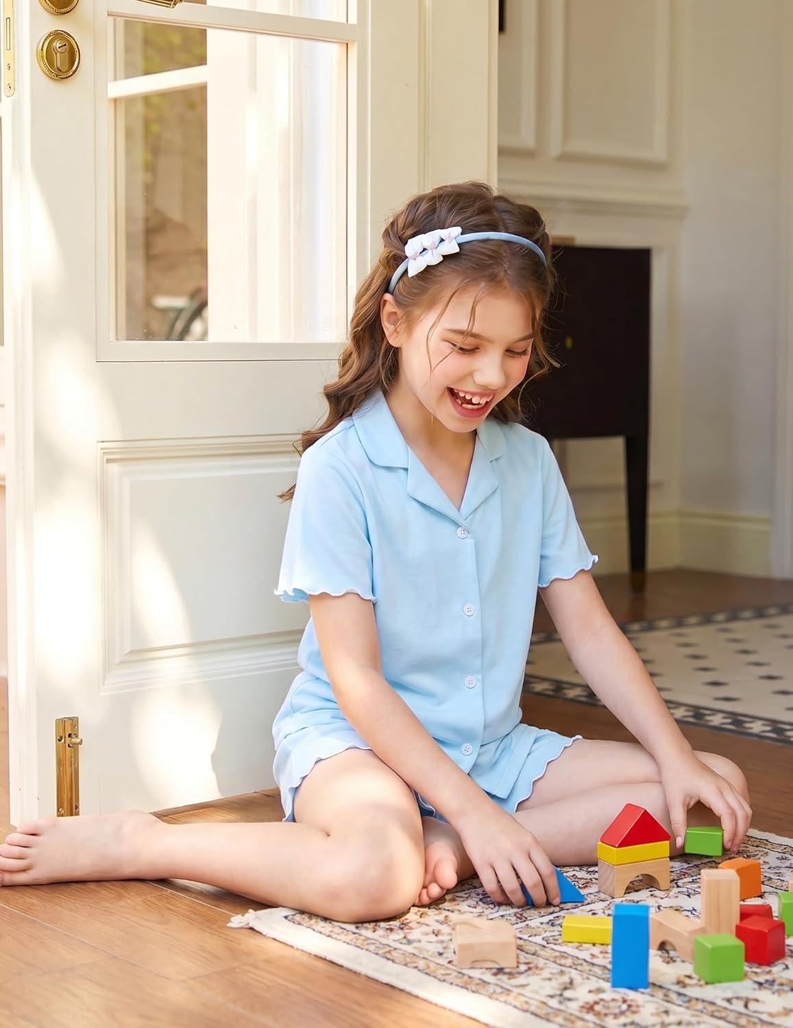 image:imageArshiner Girls Pajamas Button Down Short Set Cute Pjs Soft Sleepwear LoungewearBlue