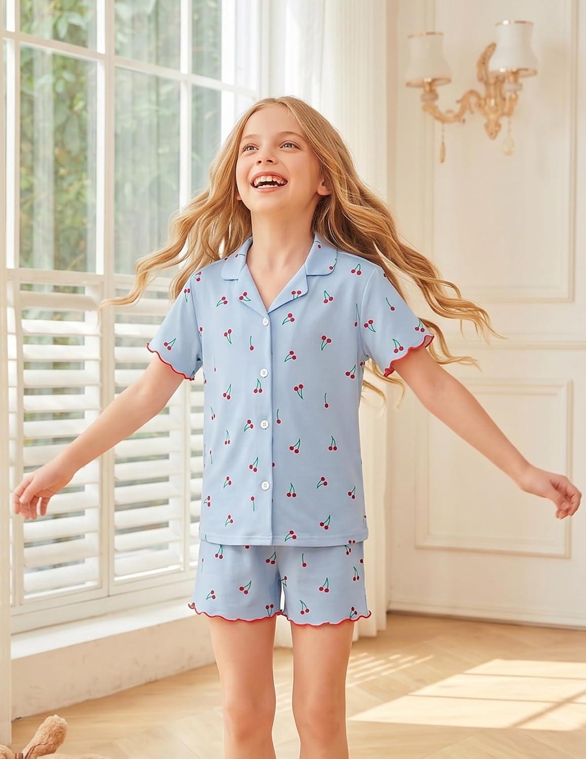 image:imageArshiner Girls Pajamas Button Down Short Set Cute Pjs Soft Sleepwear LoungewearBlue Cherry