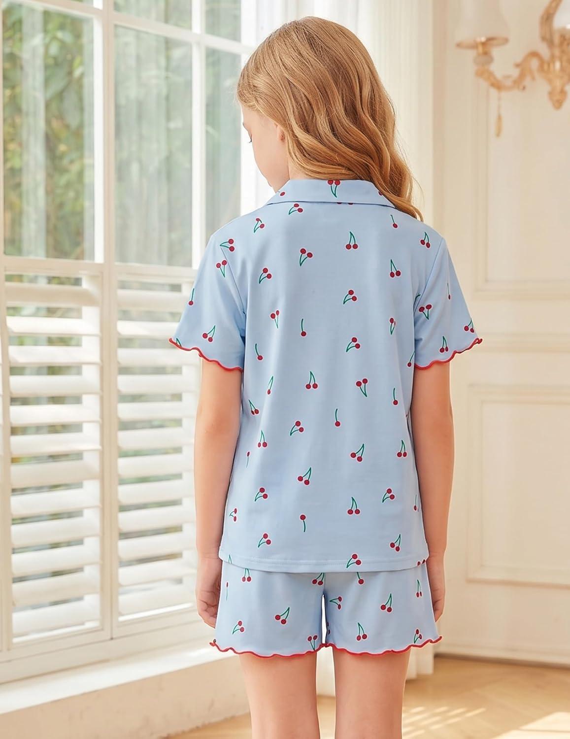 image:imageArshiner Girls Pajamas Button Down Short Set Cute Pjs Soft Sleepwear LoungewearBlue Cherry