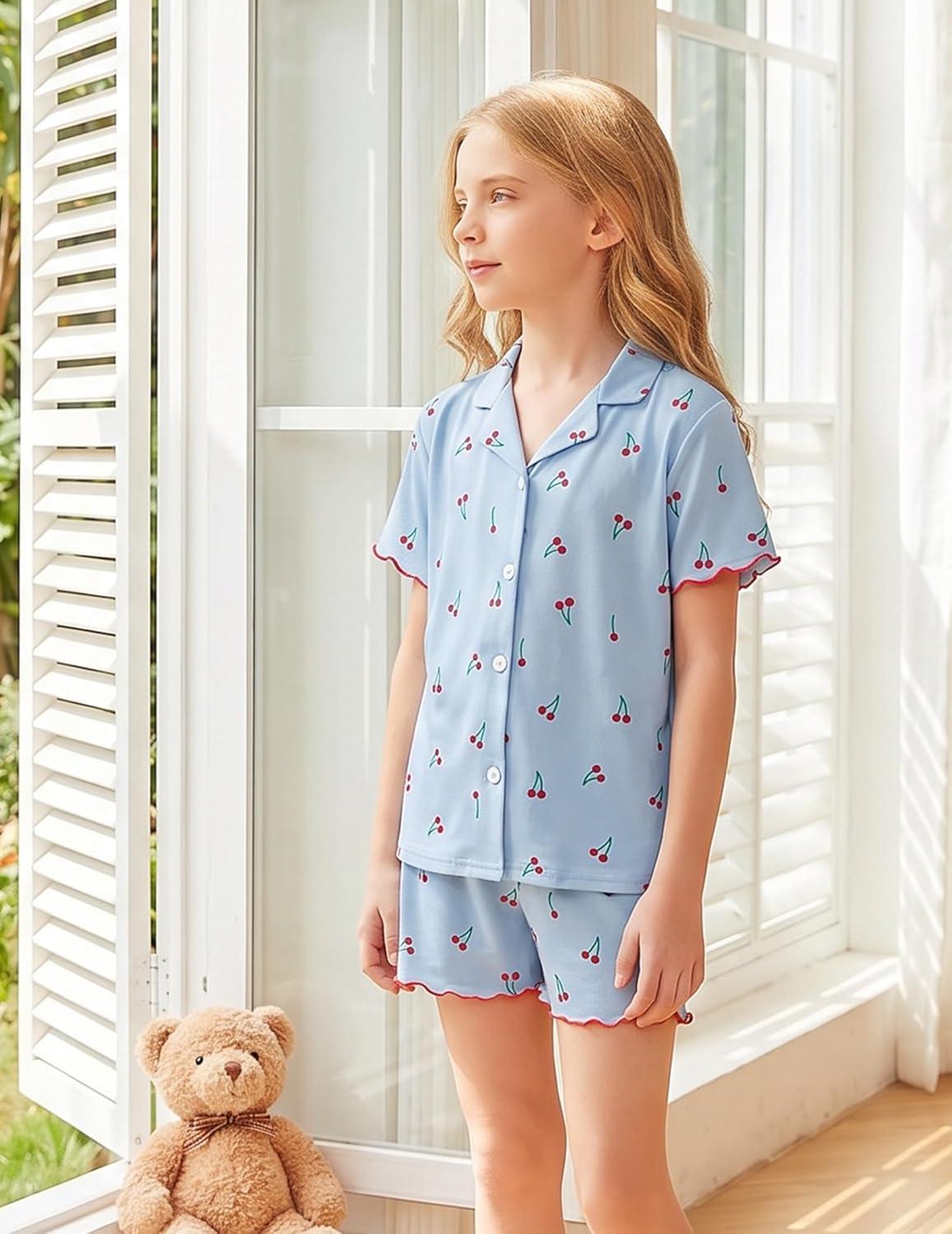 image:imageArshiner Girls Pajamas Button Down Short Set Cute Pjs Soft Sleepwear LoungewearBlue Cherry