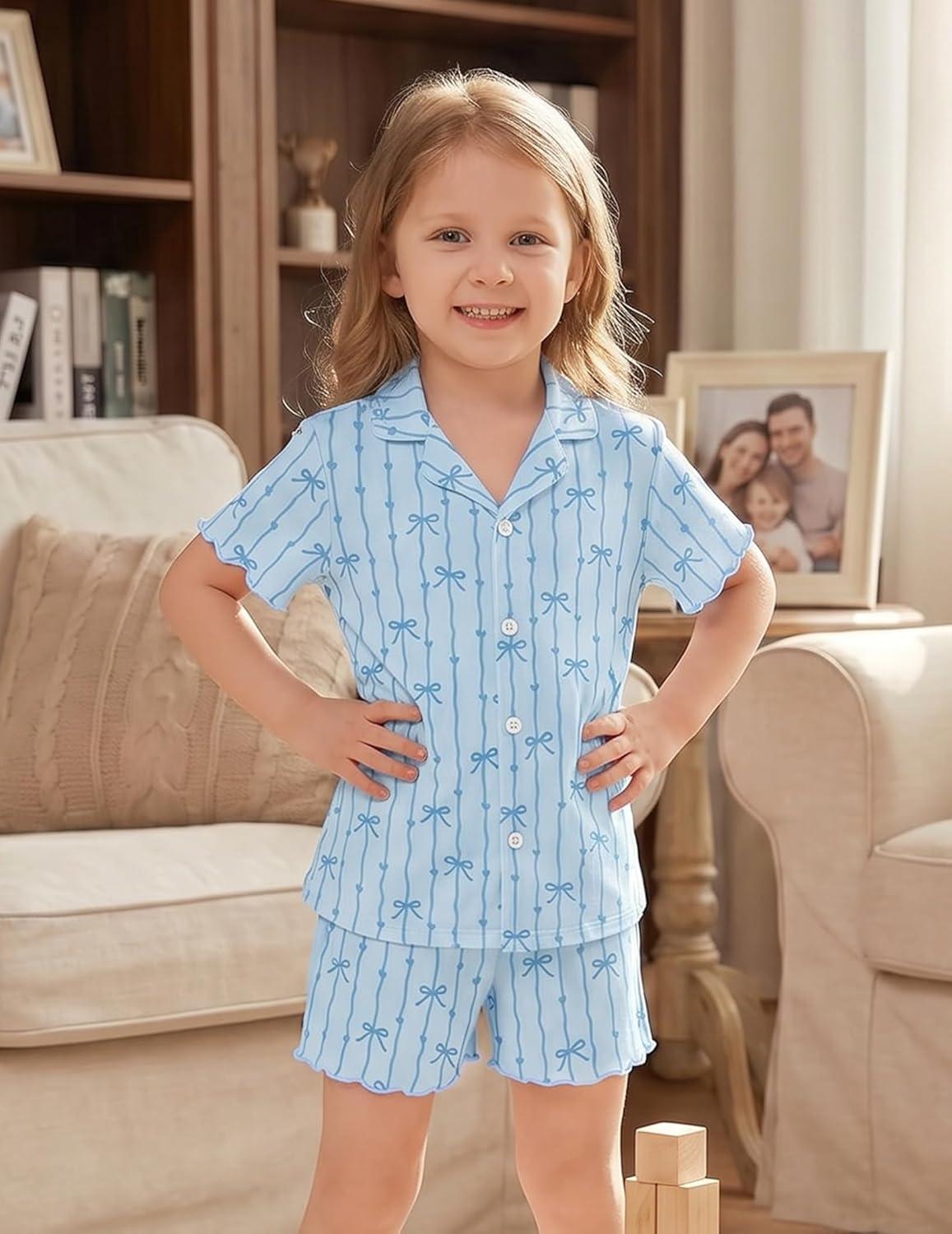 image:imageArshiner Girls Pajamas Button Down Short Set Cute Pjs Soft Sleepwear LoungewearBlue Striped Bow