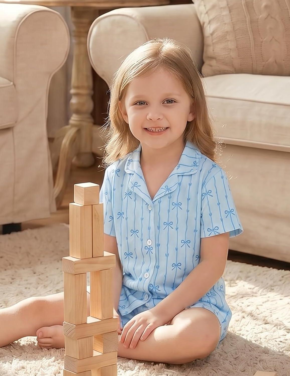 image:imageArshiner Girls Pajamas Button Down Short Set Cute Pjs Soft Sleepwear LoungewearBlue Striped Bow