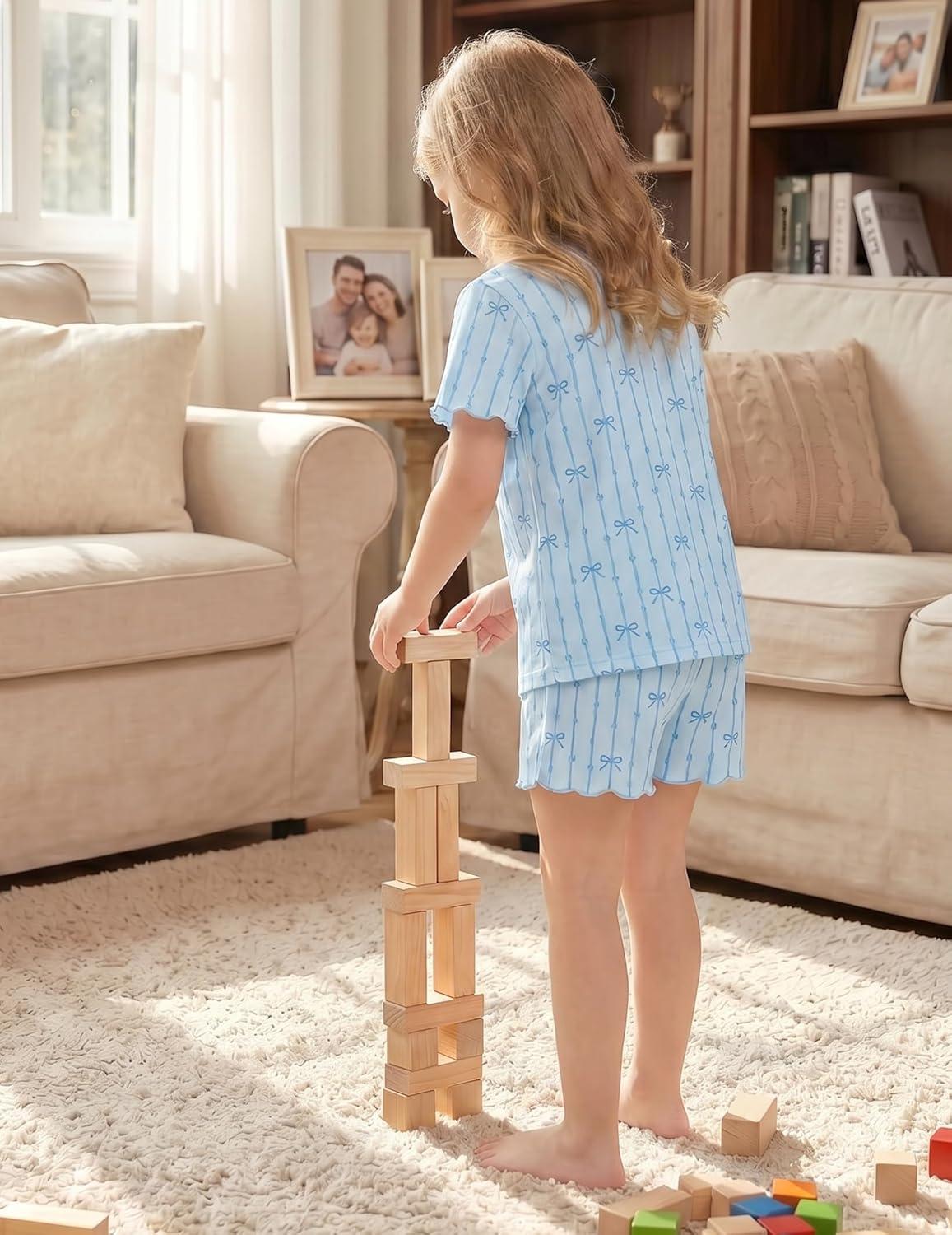 image:imageArshiner Girls Pajamas Button Down Short Set Cute Pjs Soft Sleepwear LoungewearBlue Striped Bow