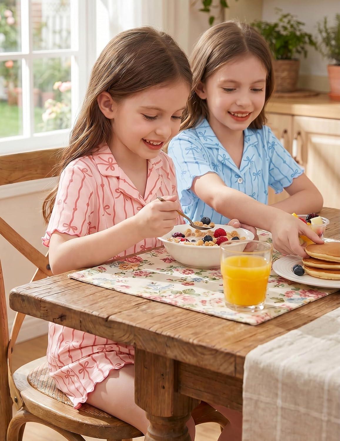 image:imageArshiner Girls Pajamas Button Down Short Set Cute Pjs Soft Sleepwear LoungewearBlue Striped Bow