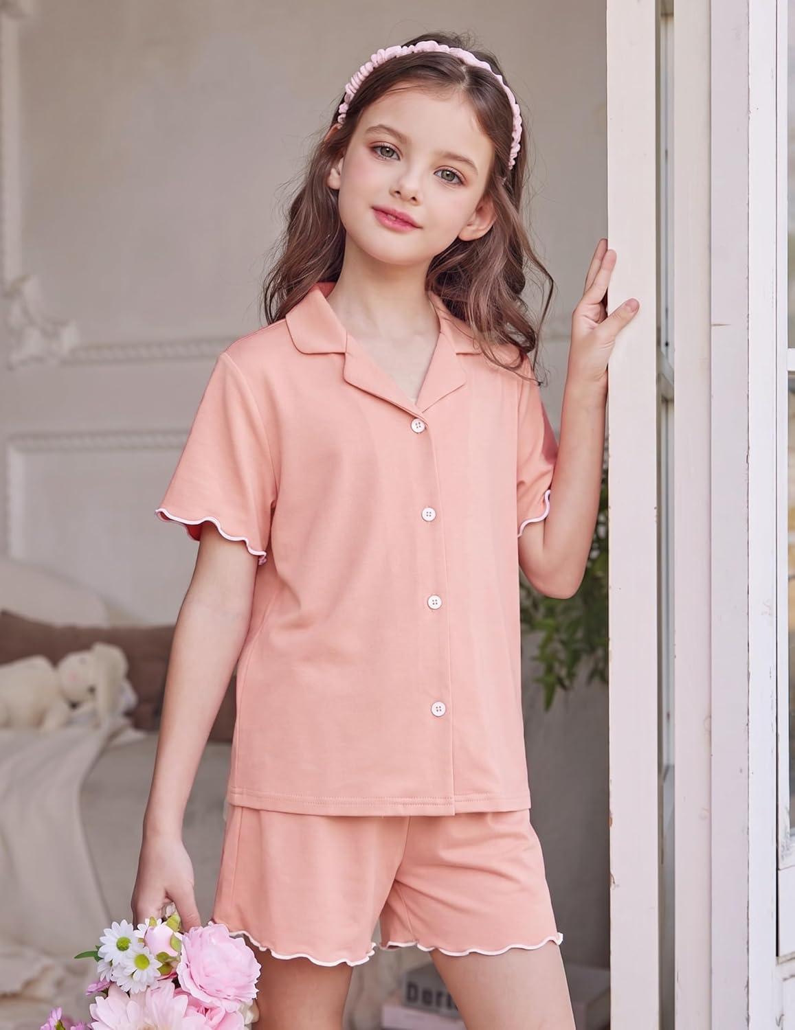 image:imageArshiner Girls Pajamas Button Down Short Set Cute Pjs Soft Sleepwear LoungewearLight Pink