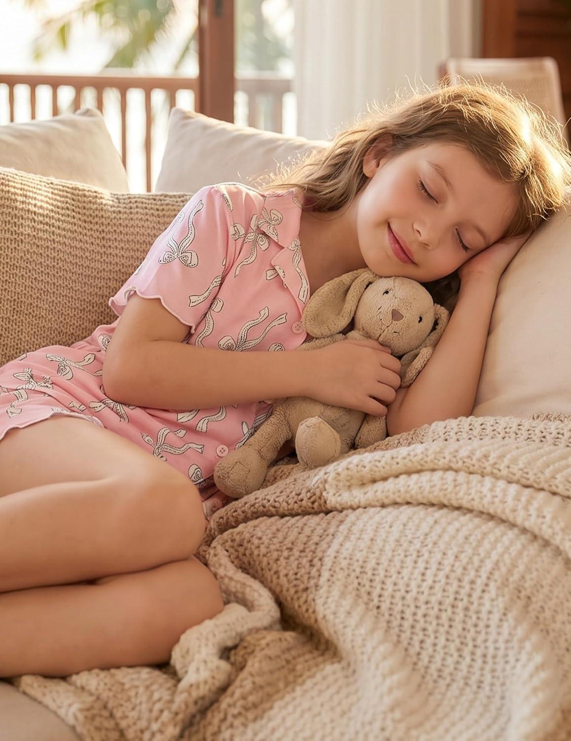 image:imageArshiner Girls Pajamas Button Down Short Set Cute Pjs Soft Sleepwear LoungewearPink Bow