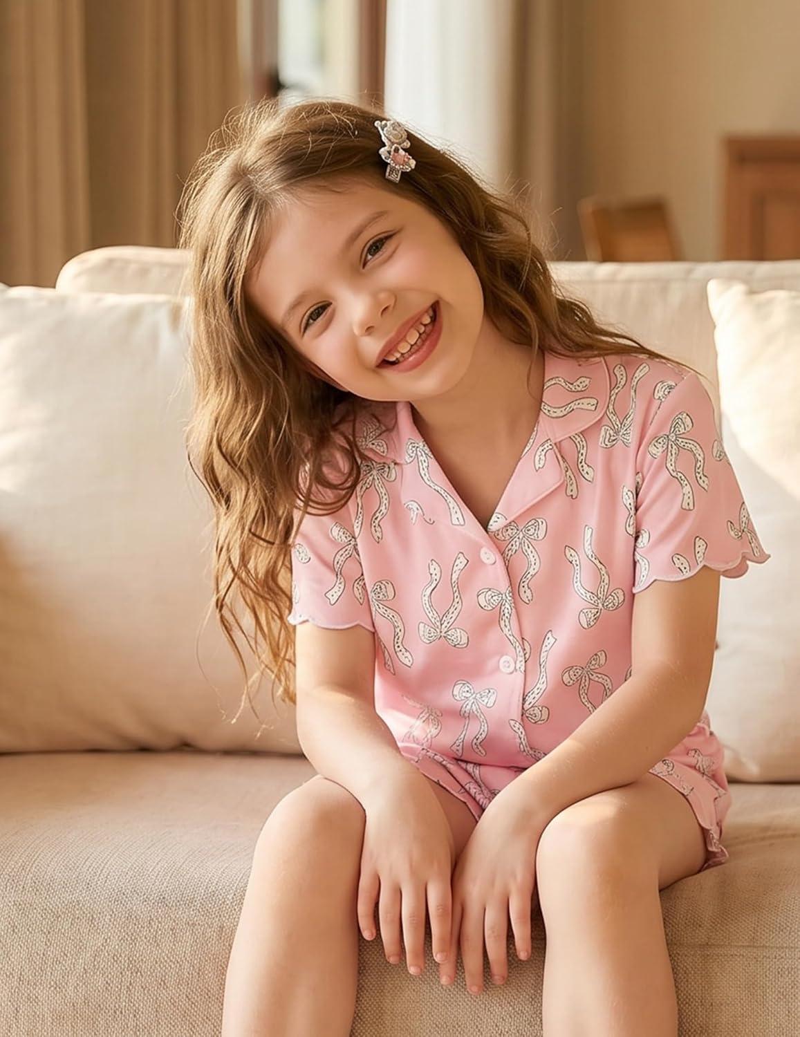 image:imageArshiner Girls Pajamas Button Down Short Set Cute Pjs Soft Sleepwear LoungewearPink Bow
