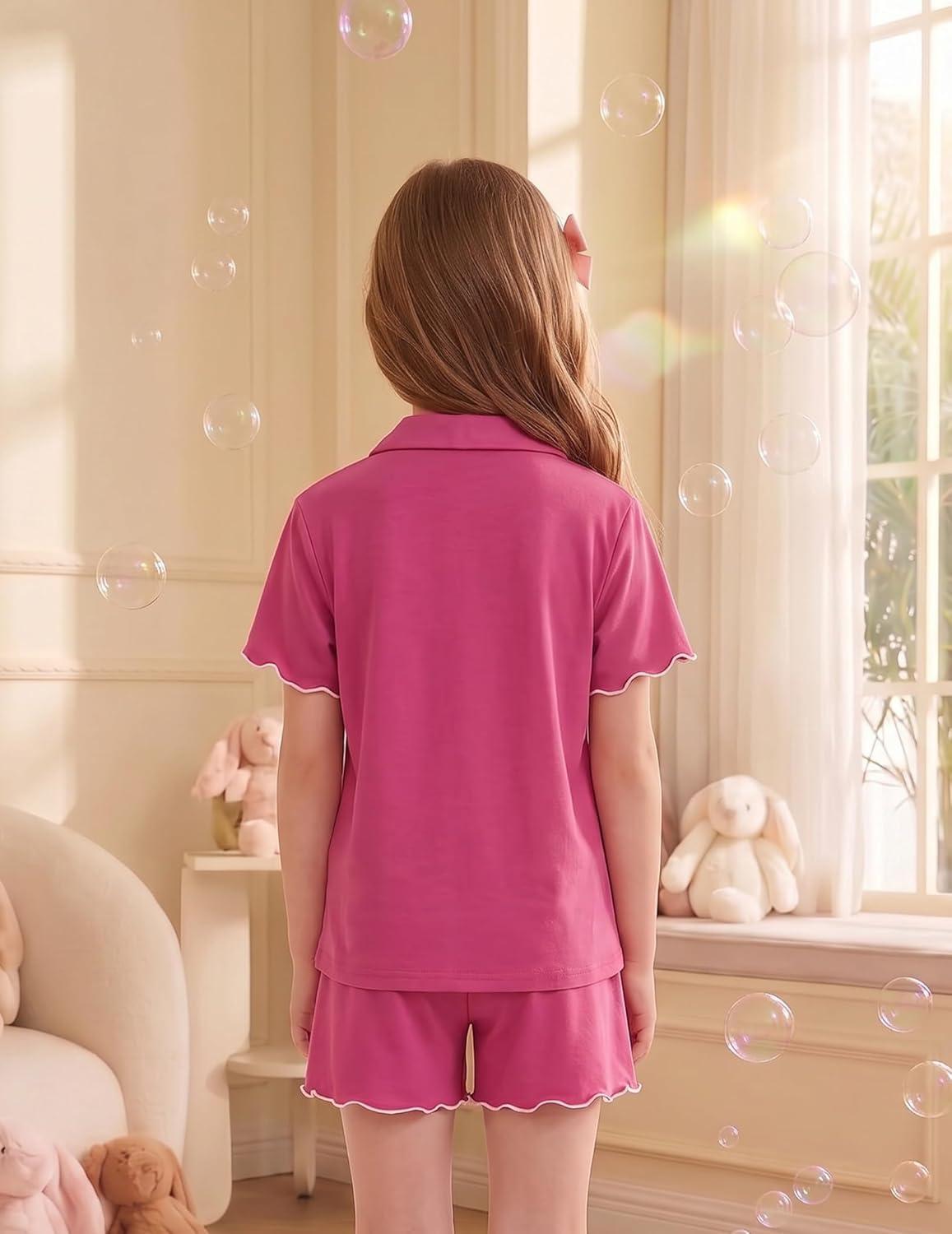 image:imageArshiner Girls Pajamas Button Down Short Set Cute Pjs Soft Sleepwear LoungewearRose Red