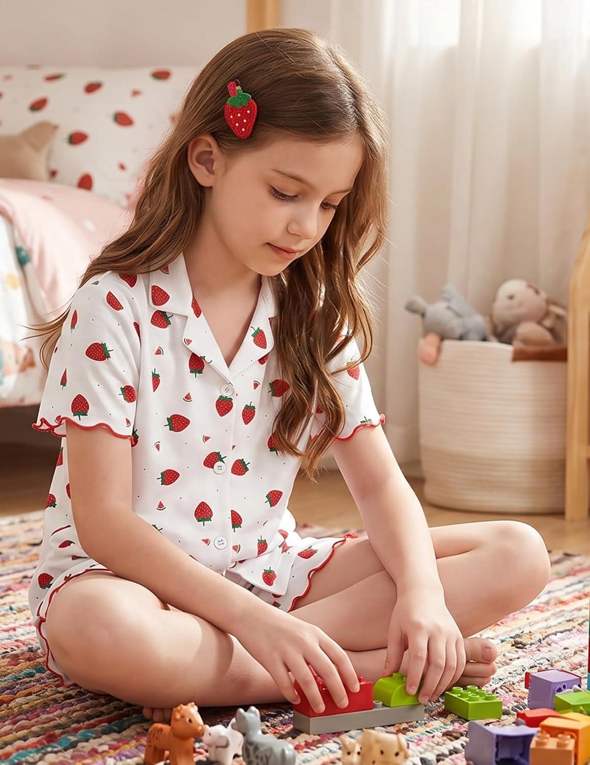 image:imageArshiner Girls Pajamas Button Down Short Set Cute Pjs Soft Sleepwear LoungewearStrawberry