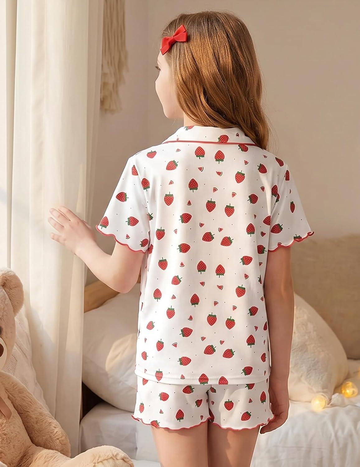 image:imageArshiner Girls Pajamas Button Down Short Set Cute Pjs Soft Sleepwear LoungewearStrawberry