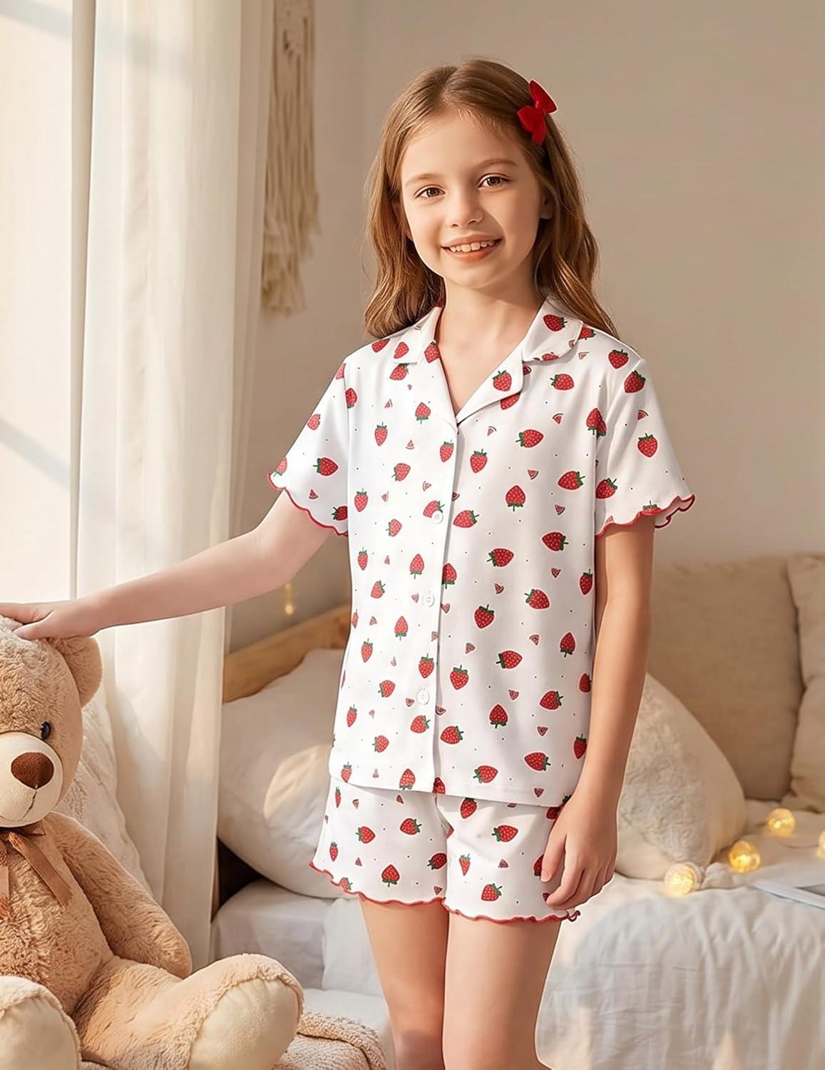 image:imageArshiner Girls Pajamas Button Down Short Set Cute Pjs Soft Sleepwear LoungewearStrawberry
