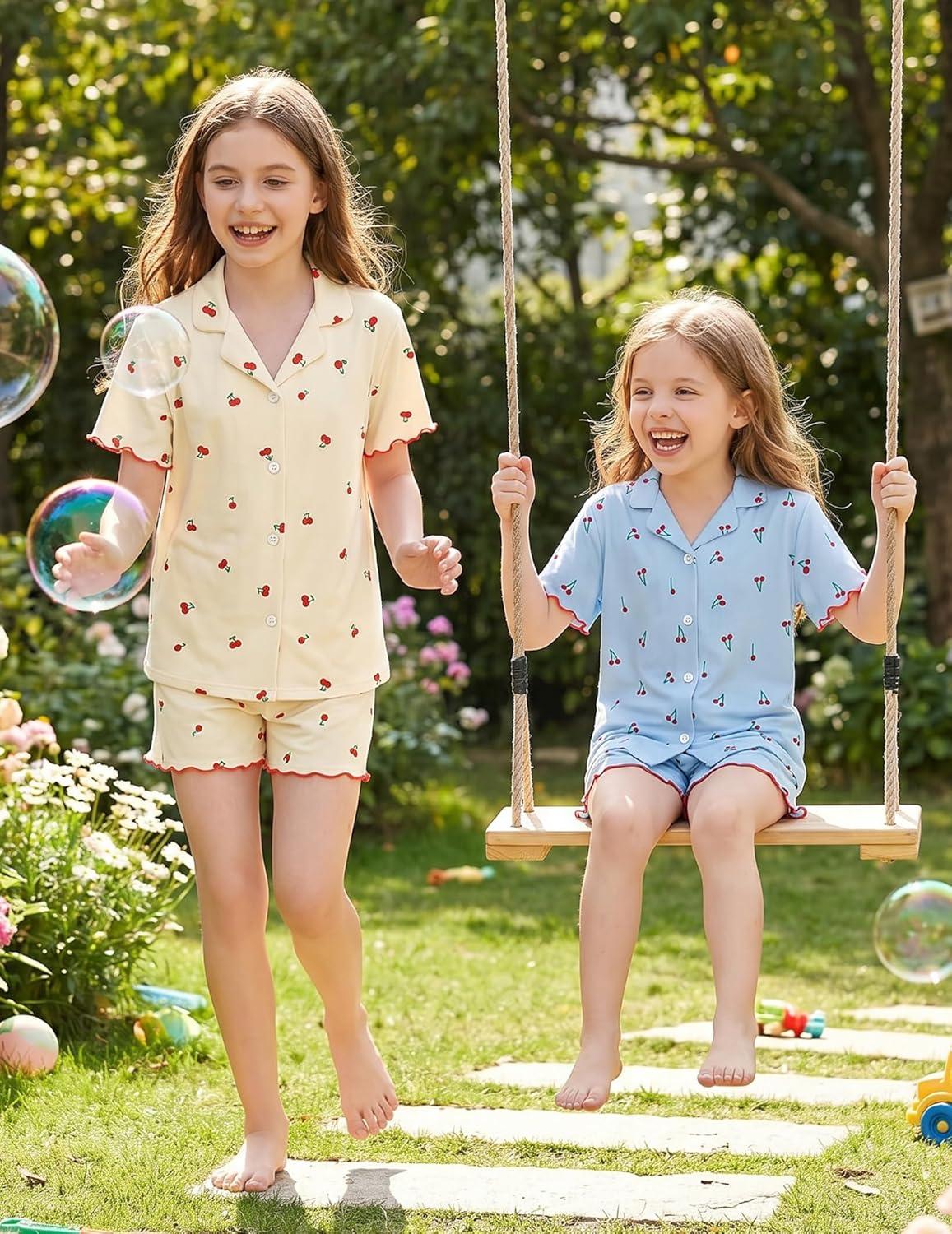 image:imageArshiner Girls Pajamas Button Down Short Set Cute Pjs Soft Sleepwear LoungewearYellow Cherry