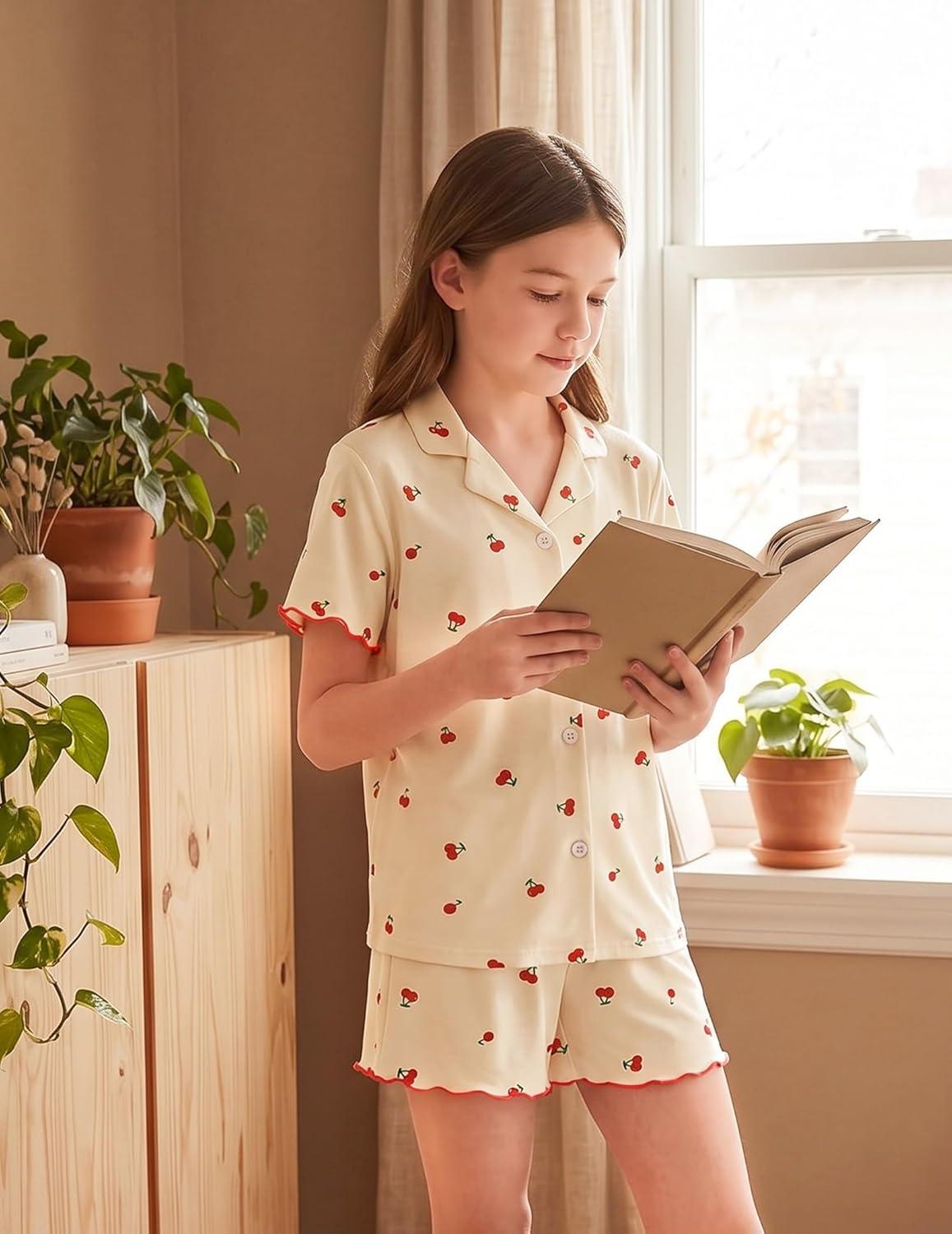image:imageArshiner Girls Pajamas Button Down Short Set Cute Pjs Soft Sleepwear LoungewearYellow Cherry