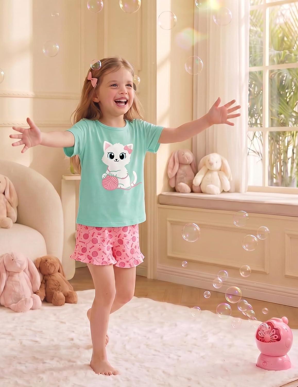 image:imageArshiner Girls Pajamas Ruffle Short Sets Summer Sleepwear Soft Clothes Kids PjsGreen Cat