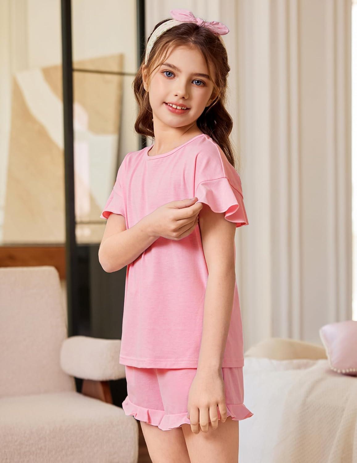 image:imageArshiner Girls Pajamas Ruffle Short Sets Summer Sleepwear Soft Clothes Kids PjsPink