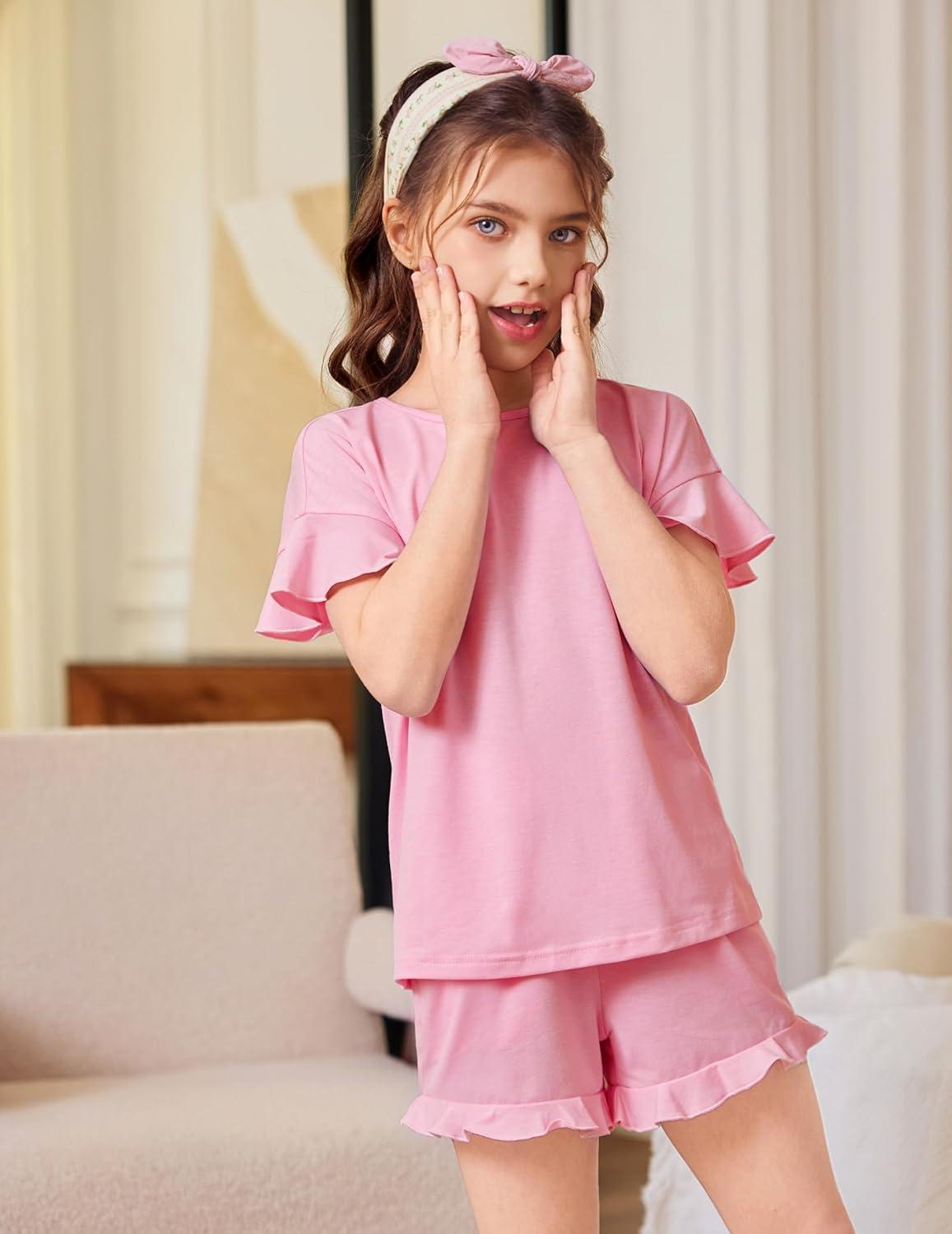 image:imageArshiner Girls Pajamas Ruffle Short Sets Summer Sleepwear Soft Clothes Kids PjsPink