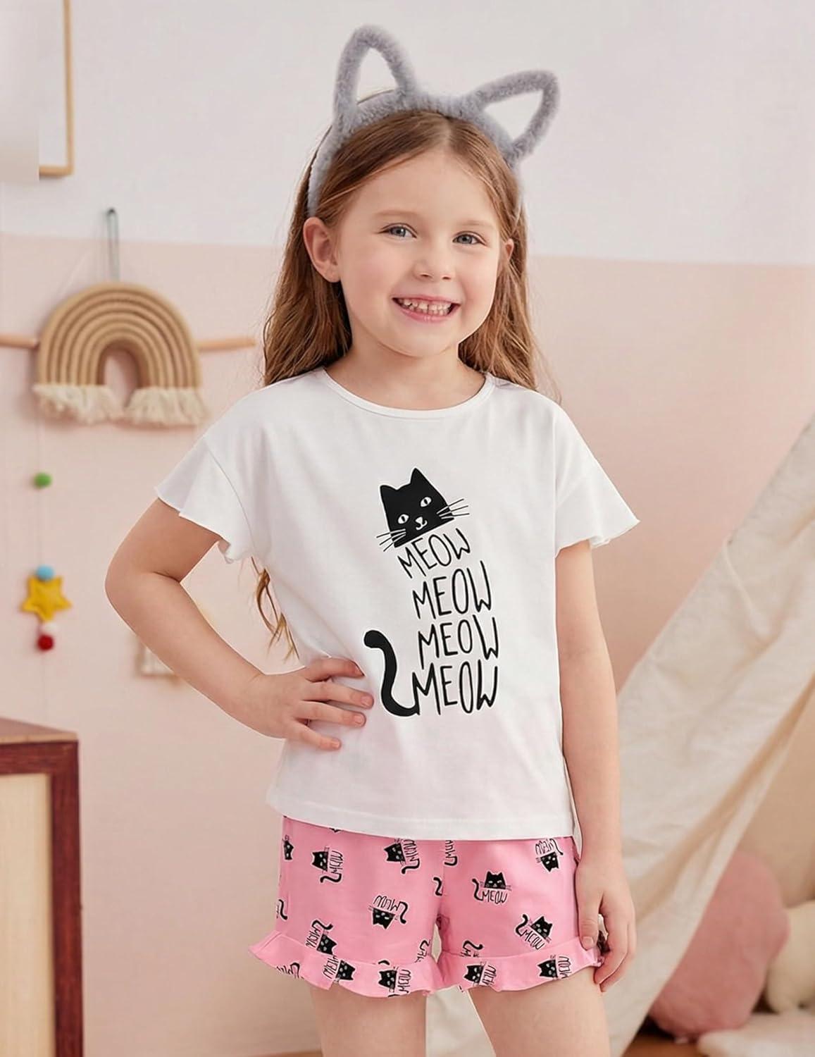image:imageArshiner Girls Pajamas Ruffle Short Sets Summer Sleepwear Soft Clothes Kids PjsWhite Cat