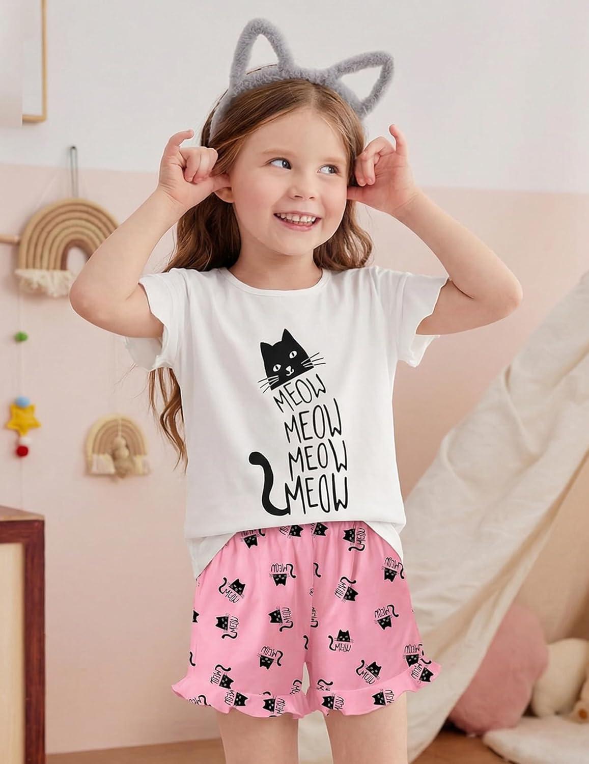 image:imageArshiner Girls Pajamas Ruffle Short Sets Summer Sleepwear Soft Clothes Kids PjsWhite Cat