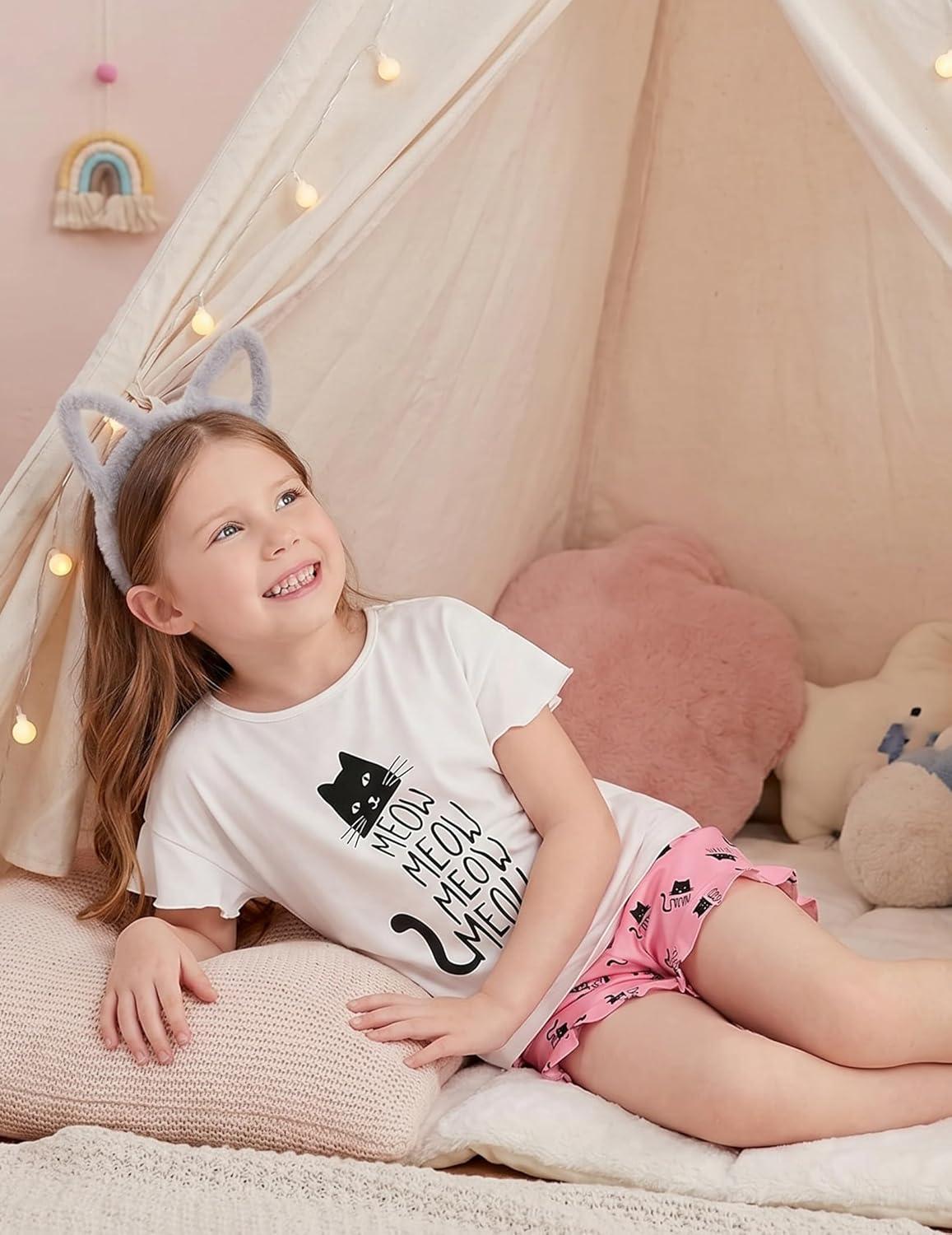 image:imageArshiner Girls Pajamas Ruffle Short Sets Summer Sleepwear Soft Clothes Kids PjsWhite Cat