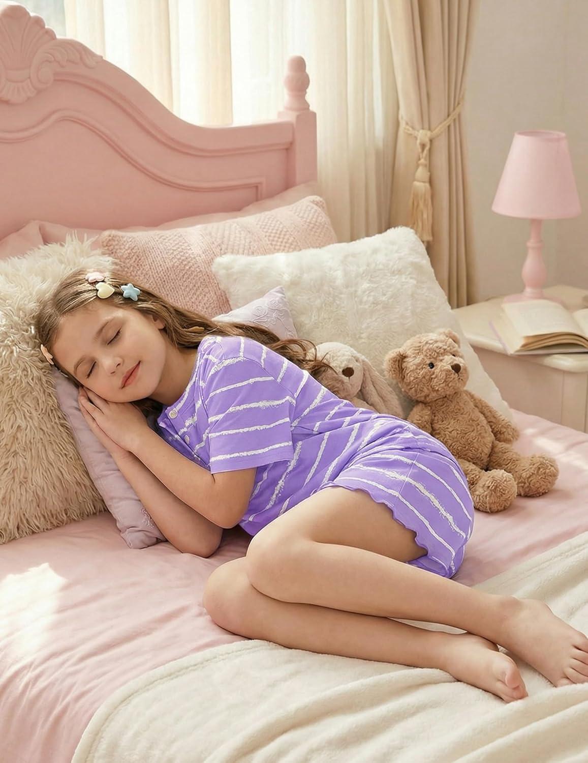 image:imageArshiner Girls Pajamas Short Sleeve Button Pjs Cute Lettuce Loungewear Tie Dye SleepwearTie Dye Purple Stripes