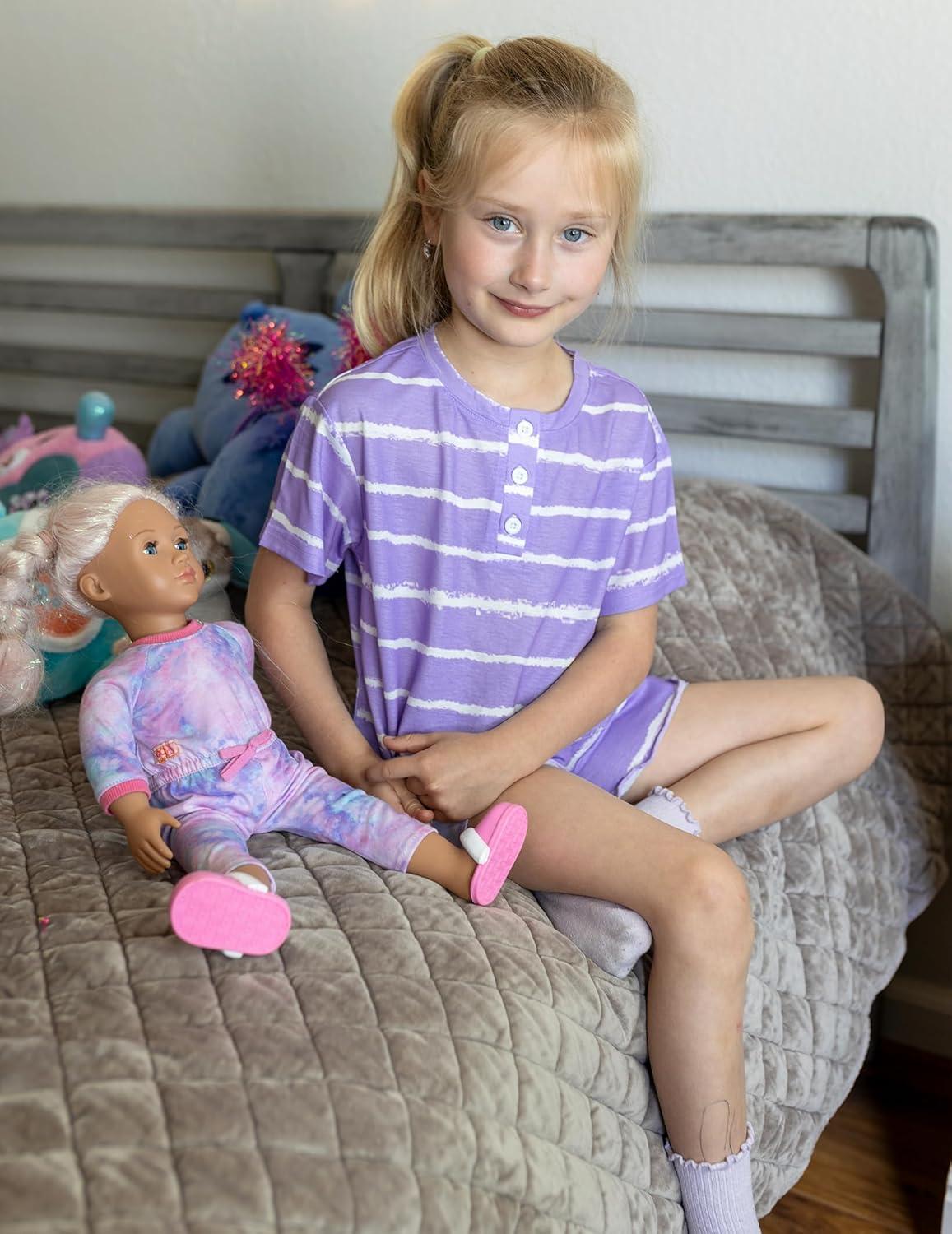 image:imageArshiner Girls Pajamas Short Sleeve Button Pjs Cute Lettuce Loungewear Tie Dye SleepwearTie Dye Purple Stripes