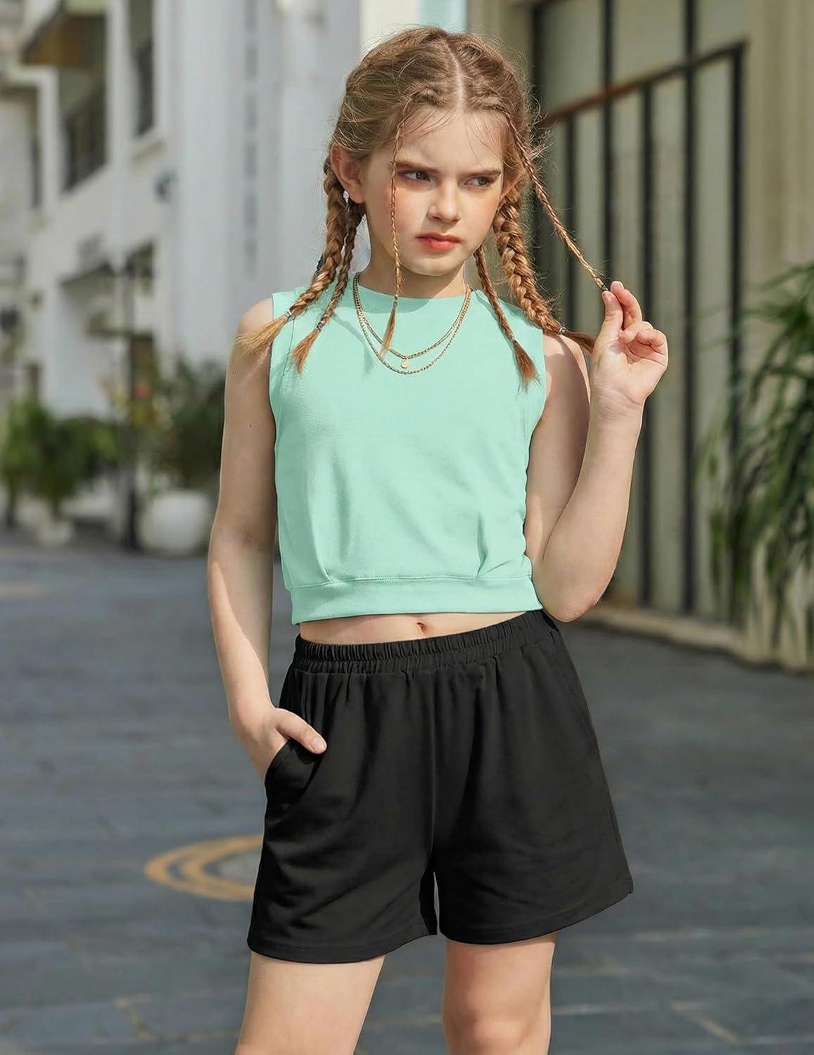 image:imageArshiner Girls Summer Outfits 2 Piece Short Sets Sleeveless Tops and Shorts with Pockets Kids ClothesGreenblack