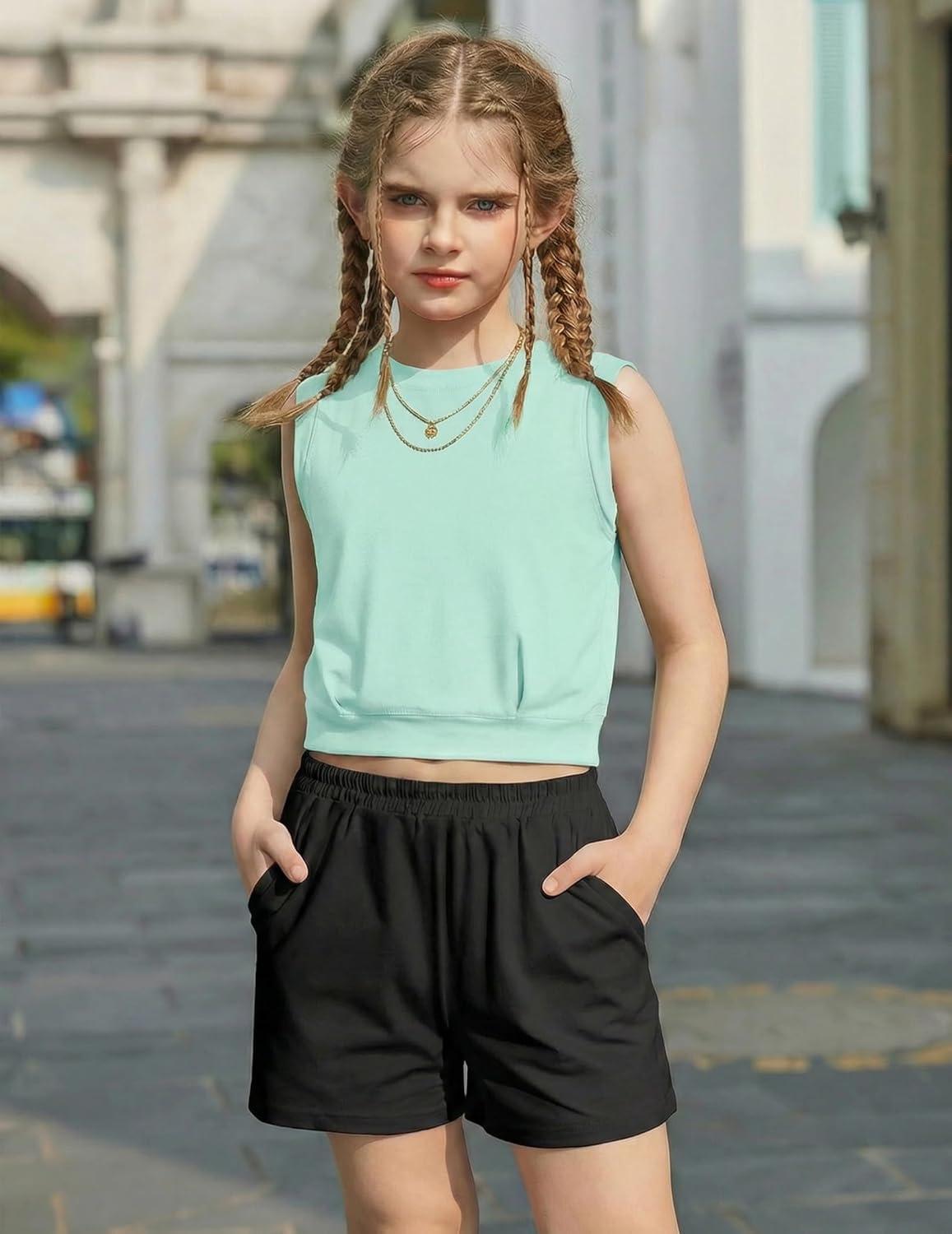 image:imageArshiner Girls Summer Outfits 2 Piece Short Sets Sleeveless Tops and Shorts with Pockets Kids ClothesGreenblack