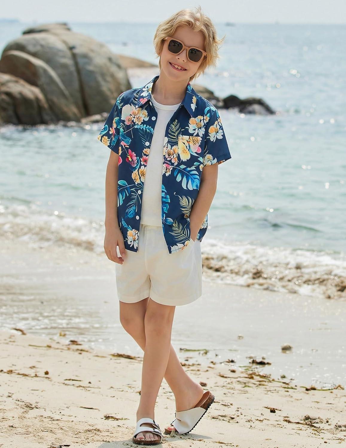 image:imageBoys Hawaiian Shirt Tropical Short Sleeve Button Down Shirt Summer Floral Beach Shirts with Pocket for 414 YearsBlue Hawaiian Print