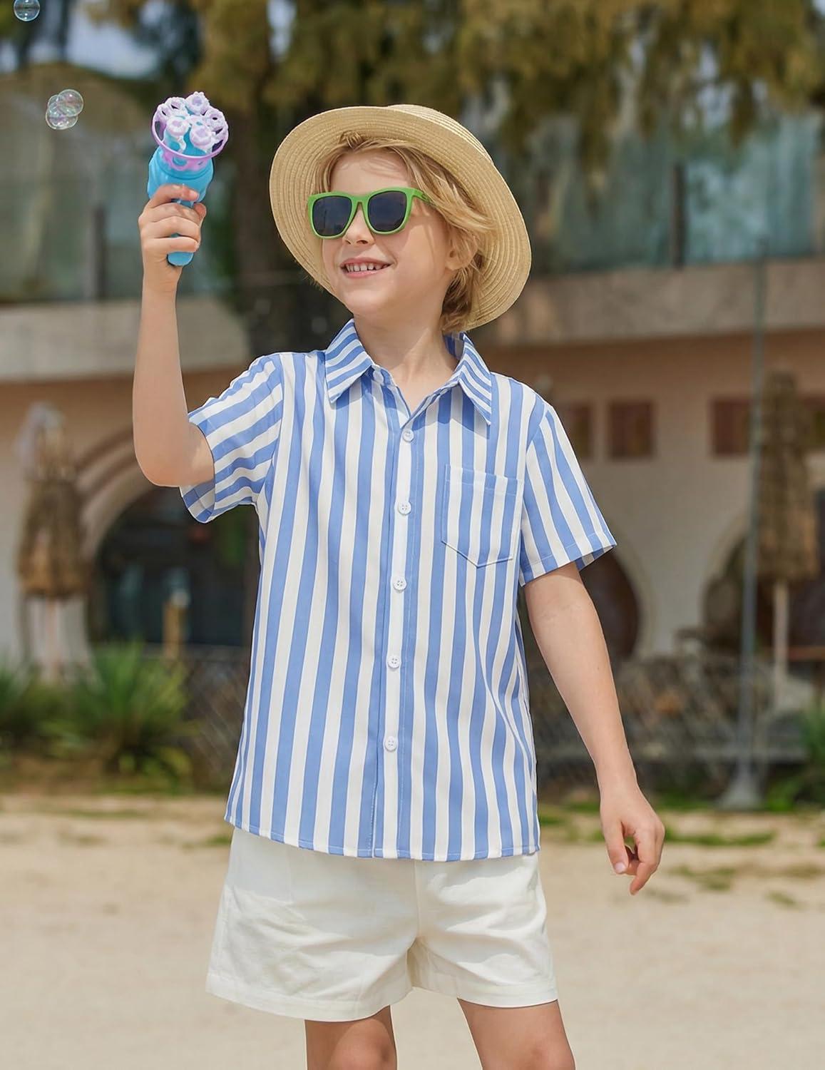 image:imageBoys Hawaiian Shirt Tropical Short Sleeve Button Down Shirt Summer Floral Beach Shirts with Pocket for 414 YearsBlue and White Stripes
