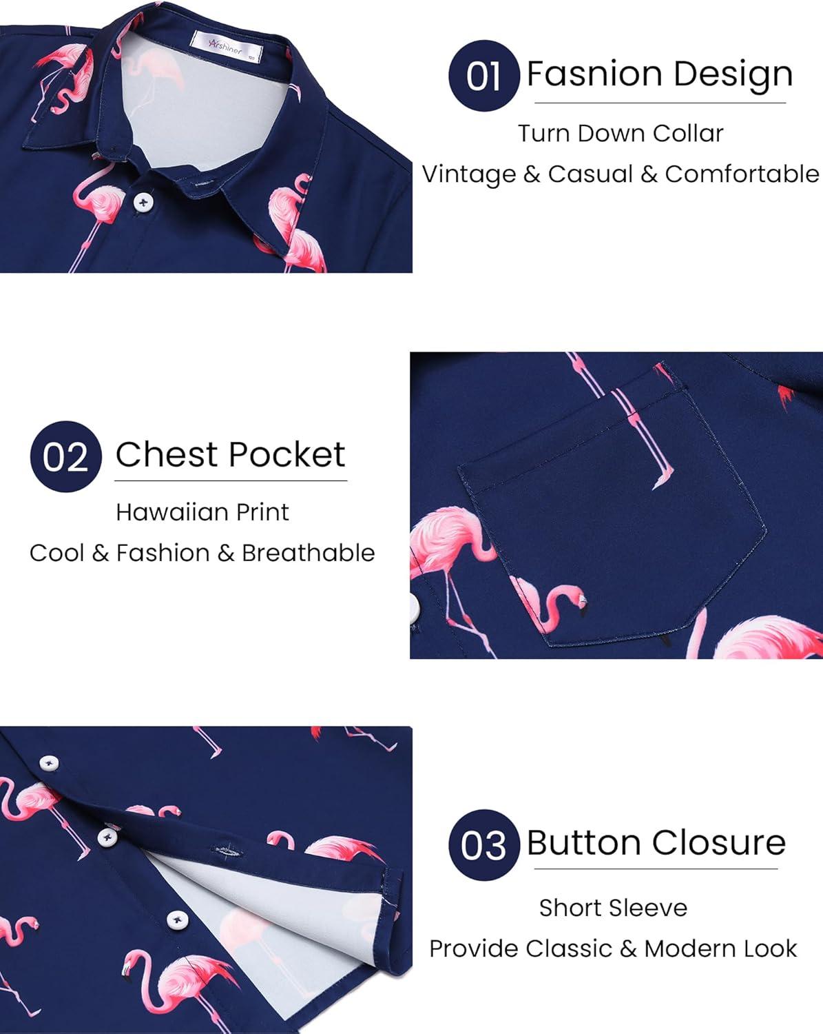 image:imageBoys Hawaiian Shirt Tropical Short Sleeve Button Down Shirt Summer Floral Beach Shirts with Pocket for 414 YearsDeep Blue Flamingo