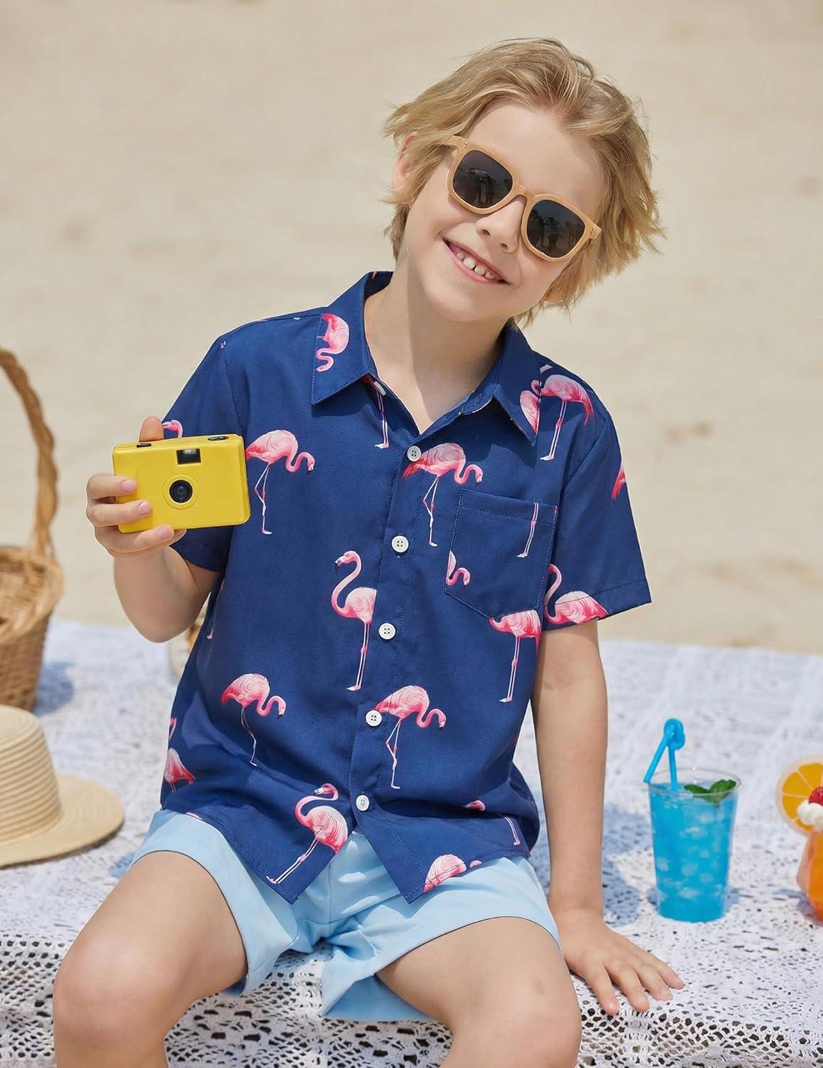 image:imageBoys Hawaiian Shirt Tropical Short Sleeve Button Down Shirt Summer Floral Beach Shirts with Pocket for 414 YearsDeep Blue Flamingo
