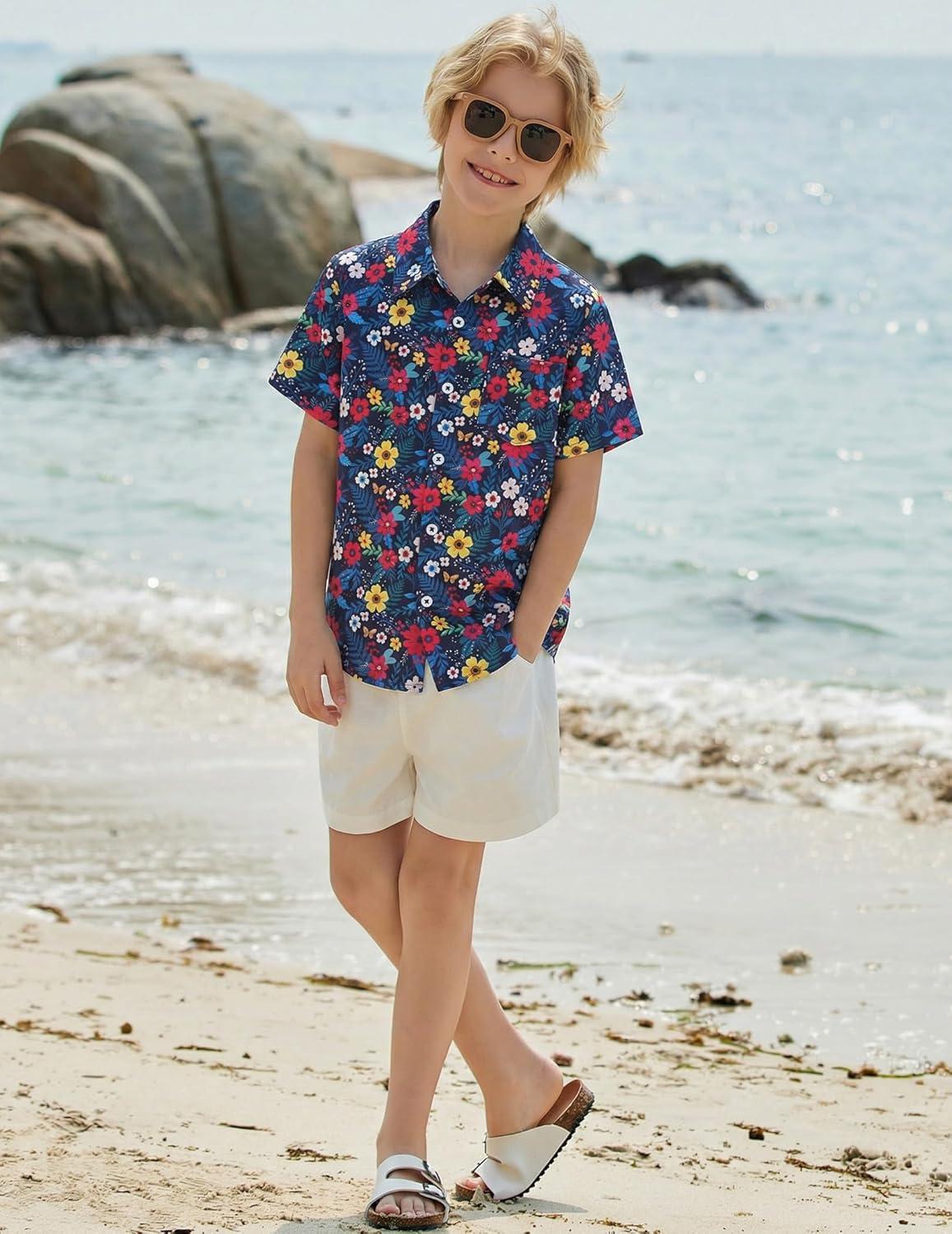 image:imageBoys Hawaiian Shirt Tropical Short Sleeve Button Down Shirt Summer Floral Beach Shirts with Pocket for 414 YearsNavy Bluecolorful Flowers
