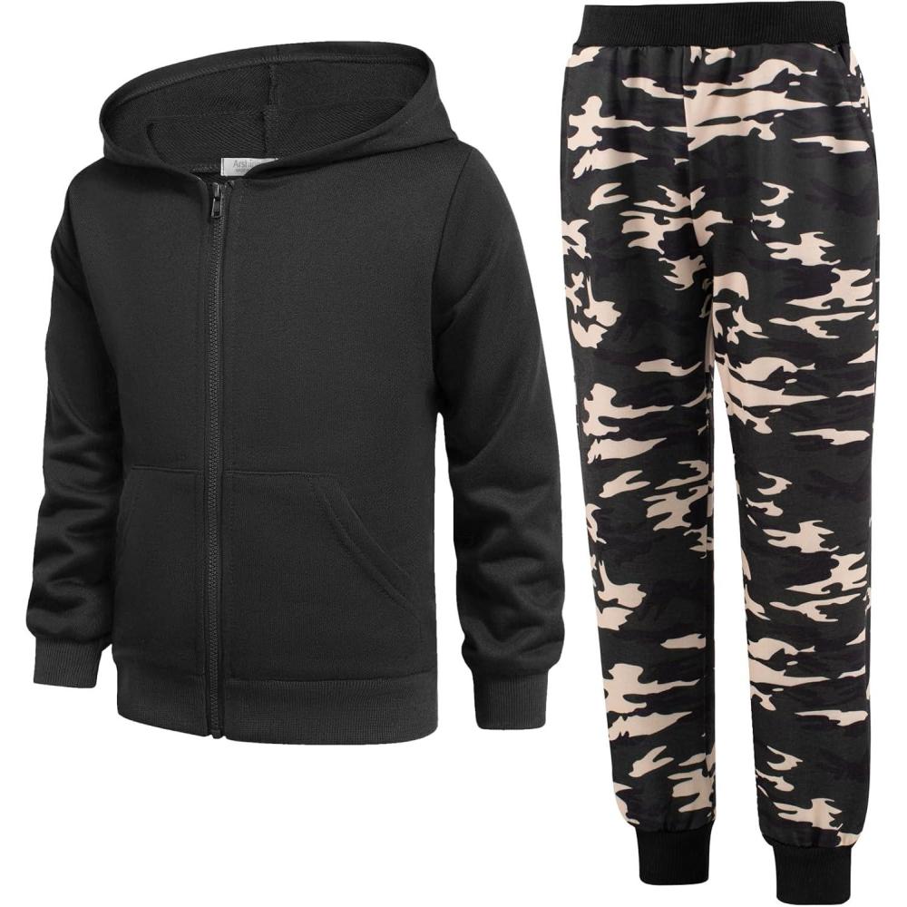 image:imageArshiner Boys 2 Piece Athletic Tracksuit Jogging Sets Outfit Sweatsuit Zip Up Hoodie and Active Pants for Kids 514 YearsBlack Camo