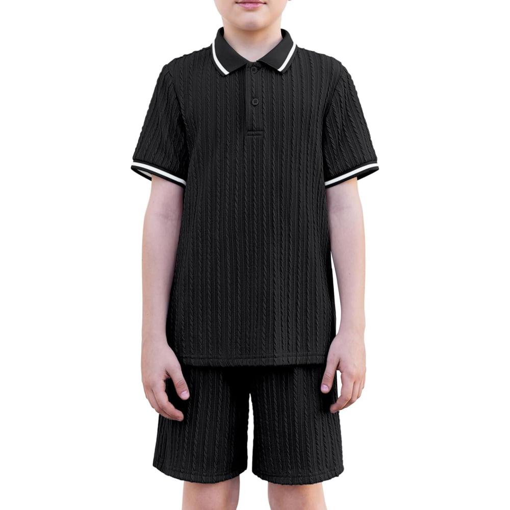 image:imageArshiner Boys 2 Piece Rib Knit Outfits Short Sleeve Polo Shirt amp Elastic Waist Shorts Vacation Texture Sets Sizes 413Black