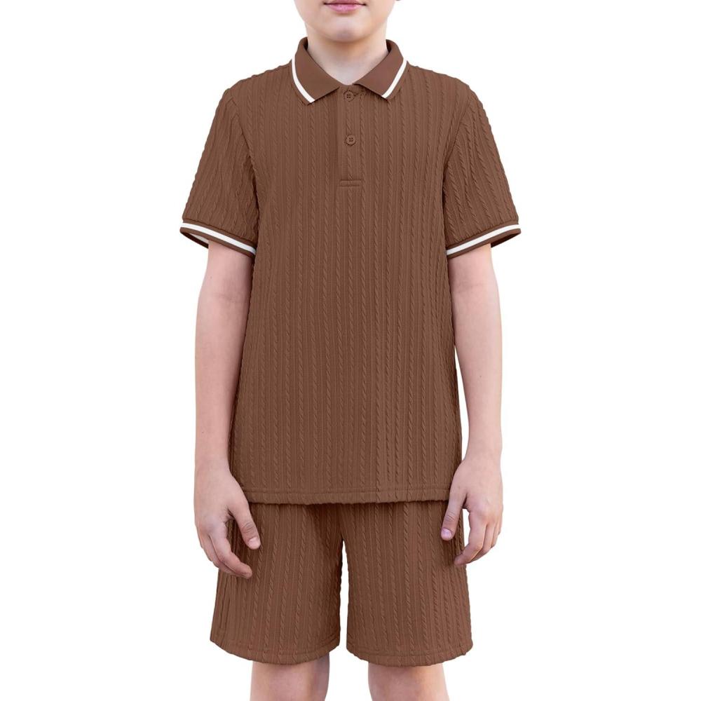 image:imageArshiner Boys 2 Piece Rib Knit Outfits Short Sleeve Polo Shirt amp Elastic Waist Shorts Vacation Texture Sets Sizes 413Brown