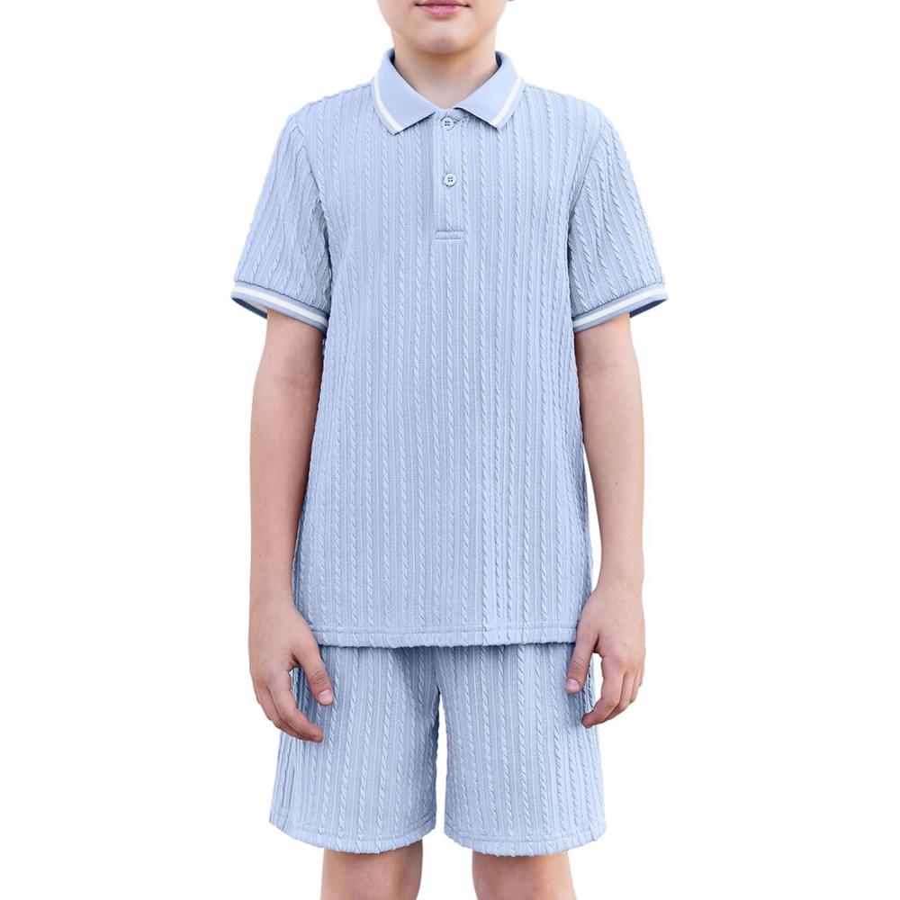 image:imageArshiner Boys 2 Piece Rib Knit Outfits Short Sleeve Polo Shirt amp Elastic Waist Shorts Vacation Texture Sets Sizes 413Light Blue