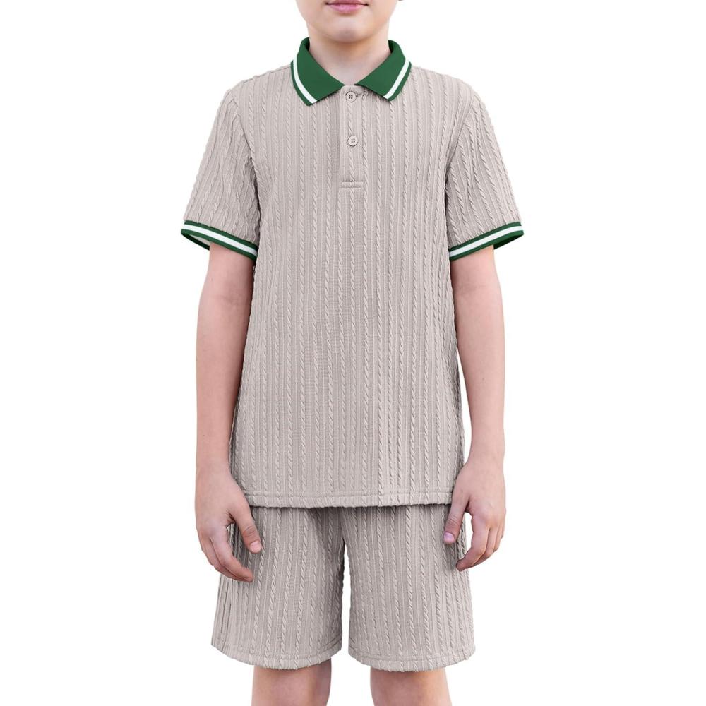 image:imageArshiner Boys 2 Piece Rib Knit Outfits Short Sleeve Polo Shirt amp Elastic Waist Shorts Vacation Texture Sets Sizes 413Light Grey