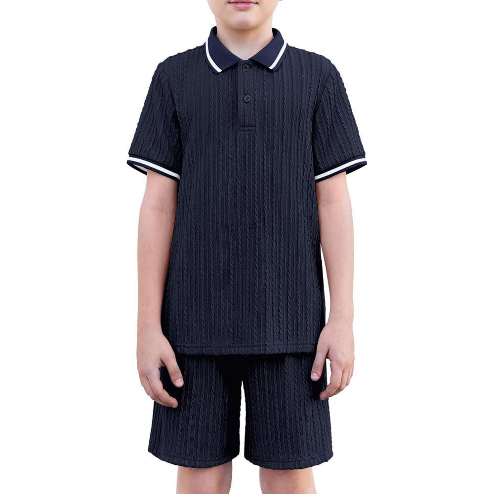 image:imageArshiner Boys 2 Piece Rib Knit Outfits Short Sleeve Polo Shirt amp Elastic Waist Shorts Vacation Texture Sets Sizes 413Navy Blue