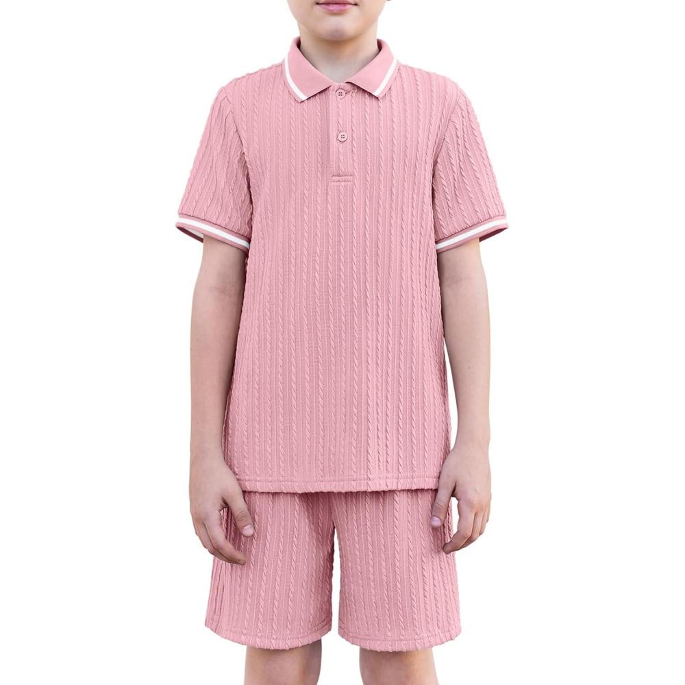 image:imageArshiner Boys 2 Piece Rib Knit Outfits Short Sleeve Polo Shirt amp Elastic Waist Shorts Vacation Texture Sets Sizes 413Pink