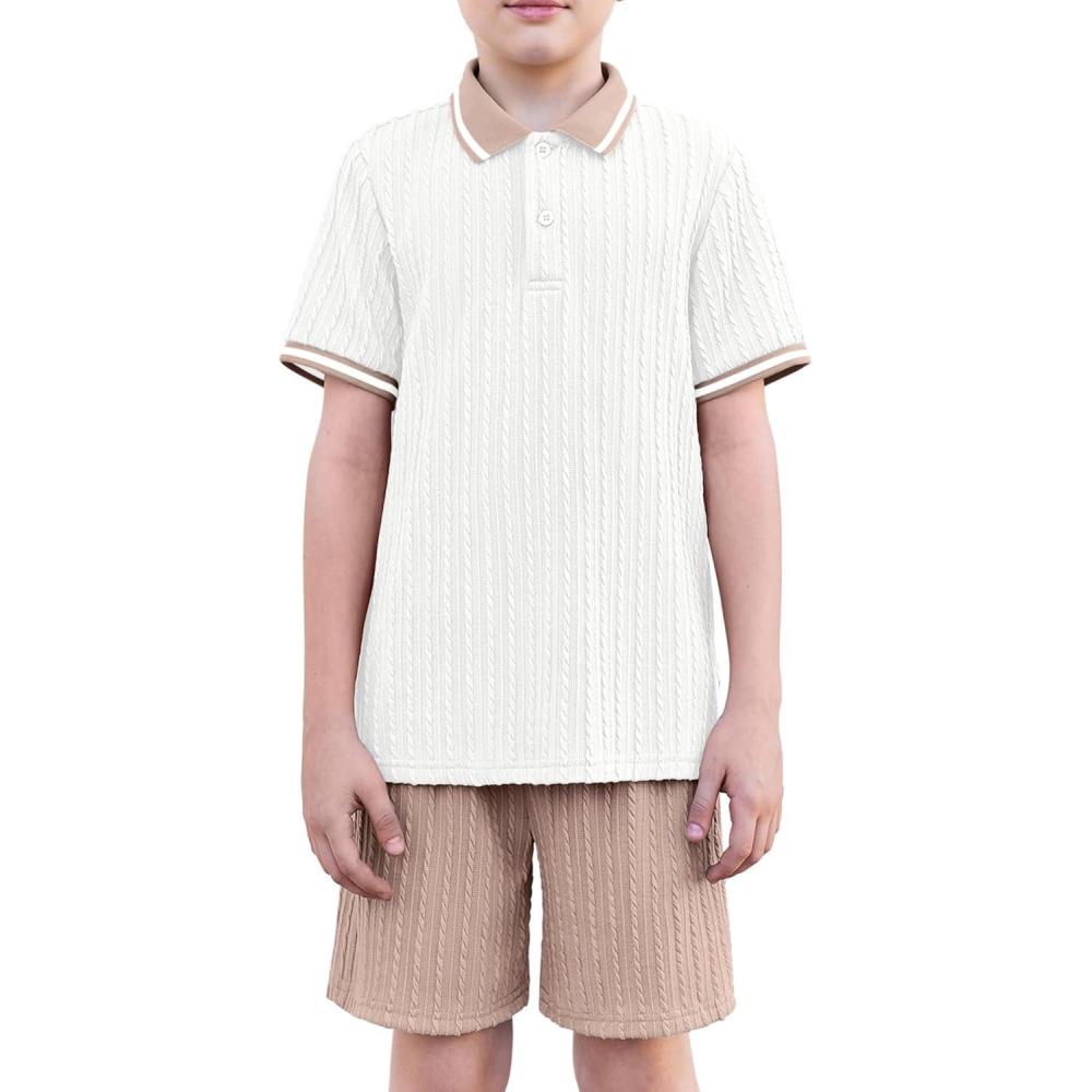 image:imageArshiner Boys 2 Piece Rib Knit Outfits Short Sleeve Polo Shirt amp Elastic Waist Shorts Vacation Texture Sets Sizes 413White Khaki