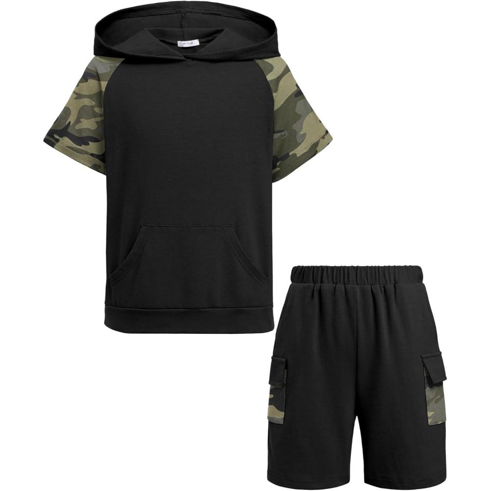 image:imageArshiner Boys 2 Piece Summer Outfits Letter Graphic Colorblock Short Sleeve Hoodie and Short Sets with Pockets 512 YearsArmy Green  Camo