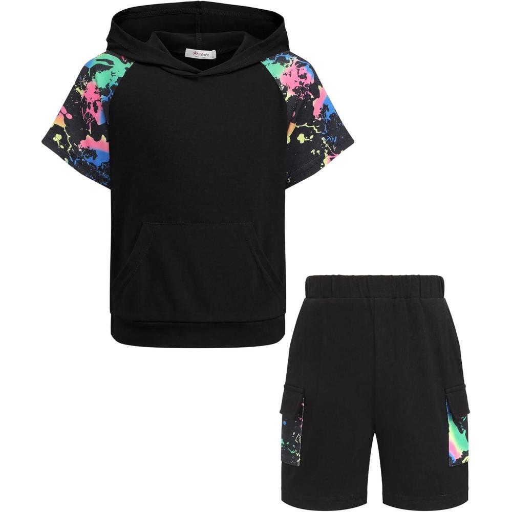 image:imageArshiner Boys 2 Piece Summer Outfits Letter Graphic Colorblock Short Sleeve Hoodie and Short Sets with Pockets 512 YearsBlack Graphic Print