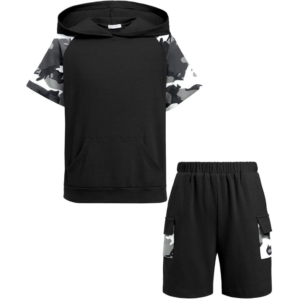 image:imageArshiner Boys 2 Piece Summer Outfits Letter Graphic Colorblock Short Sleeve Hoodie and Short Sets with Pockets 512 YearsGray Camo