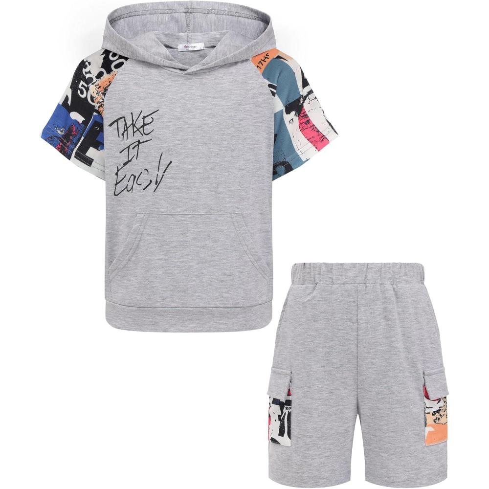 image:imageArshiner Boys 2 Piece Summer Outfits Letter Graphic Colorblock Short Sleeve Hoodie and Short Sets with Pockets 512 YearsGrey Graphic Print